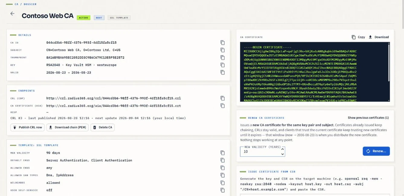 Issuing CA page with an ACME template, CRL and AIA endpoints