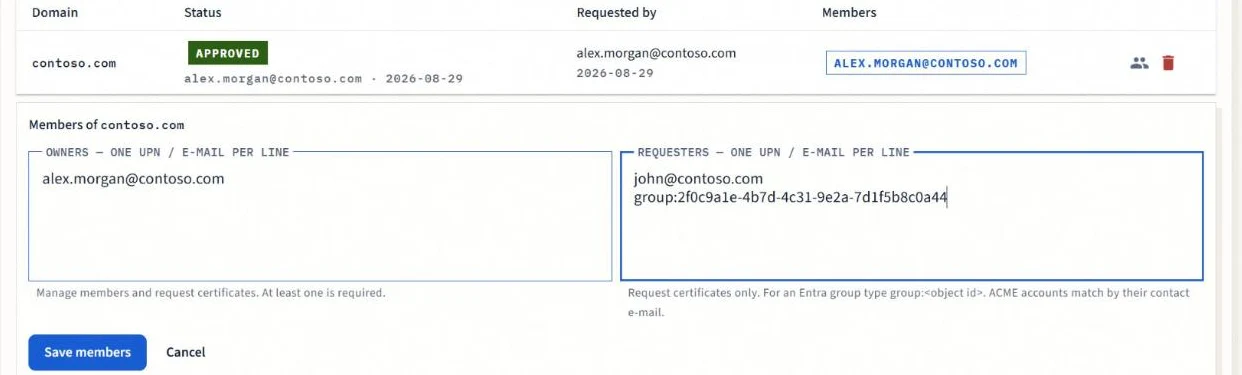 Domain members editor with owners, requesters and an Entra group