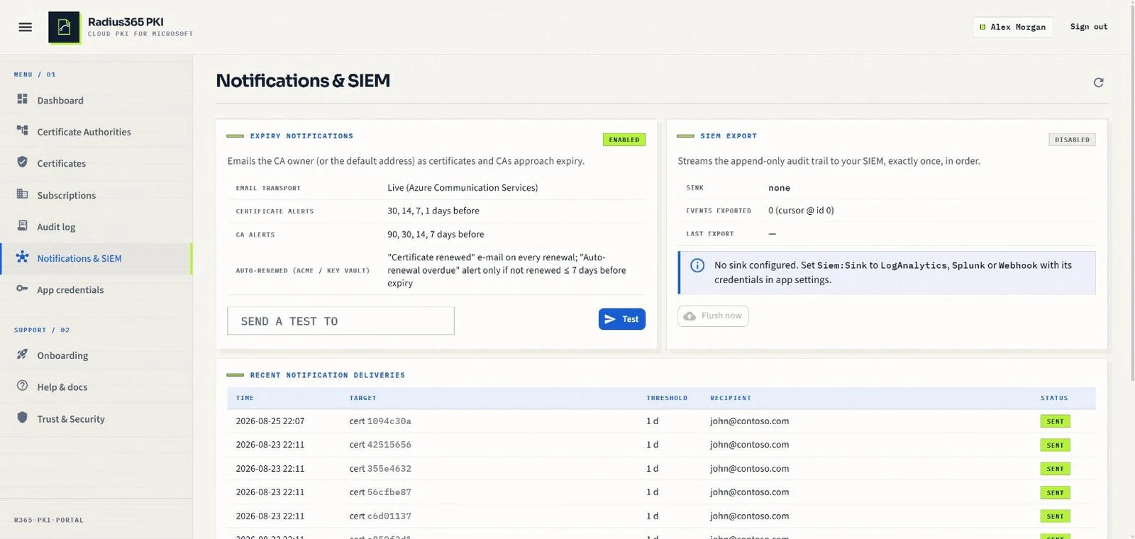 Notifications and SIEM export settings with a recent delivery