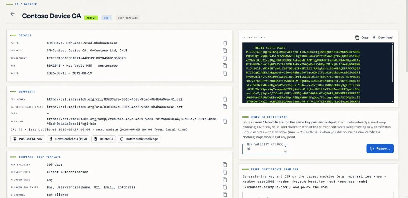 Root CA page with the SCEP URL and an Intune-validated SCEP template