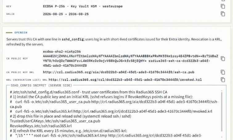 OpenSSH CA card with the CA public key, KRL URL and sshd_config snippet