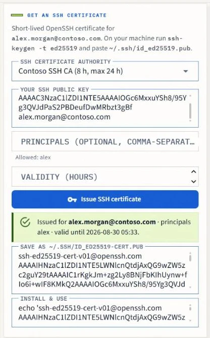 Self-service SSH certificate form with principals and the issued short-lived certificate